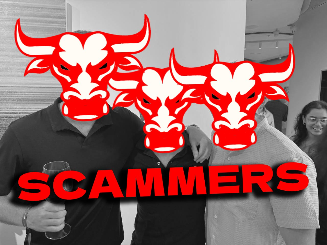 Scammers Exposed - Three individuals with bull heads and the word SCAMMERS
